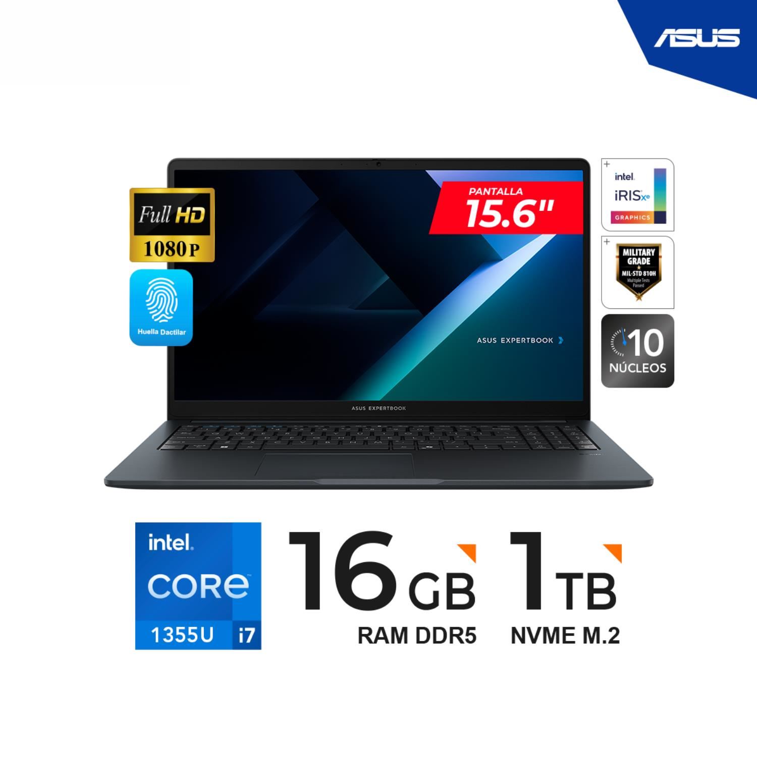 LAPTOP ASUS EXPERTBOOK 15.6" FHD TN Core i7-1355U 5.0GHz 16GB DDR5  1TB FREEDOS